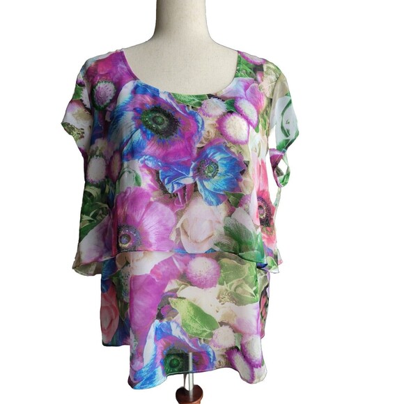 Sheer Bold Floral Tiered Double Layer‎ Cap Sleeve Blouse Top Large - Picture 1 of 9
